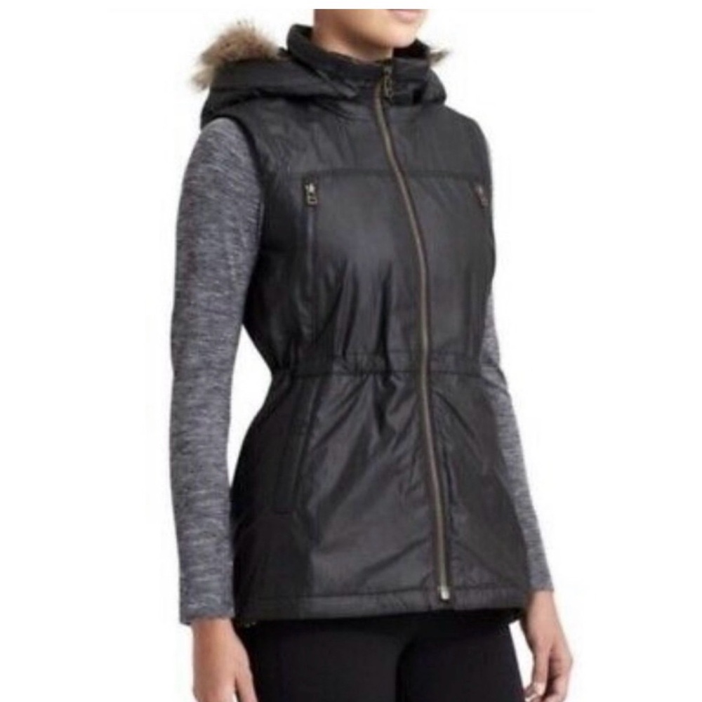 Athleta Black Hooded Vest with Fur Trim